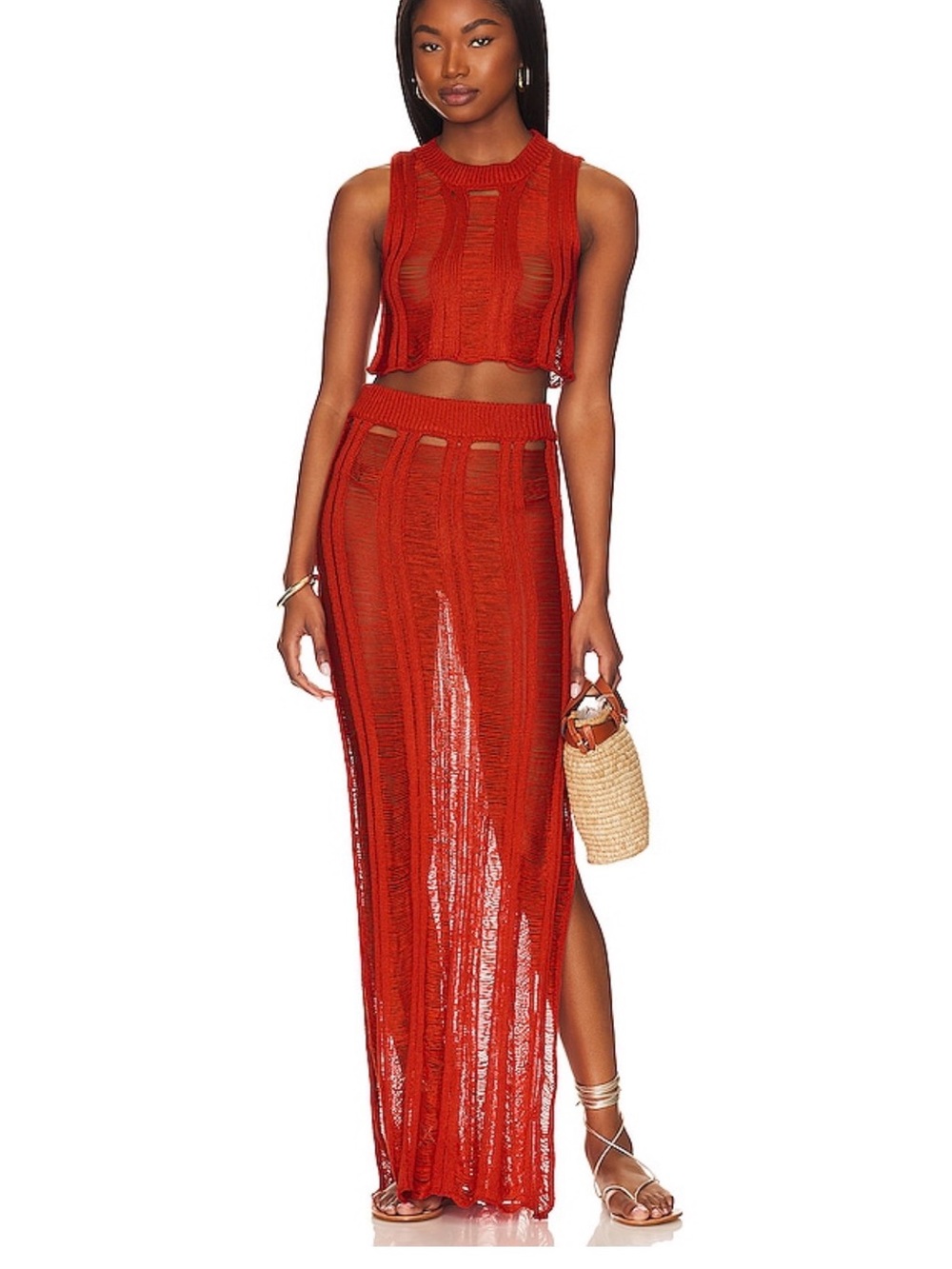 superdown Rust Red Crochet Maxi Skirt